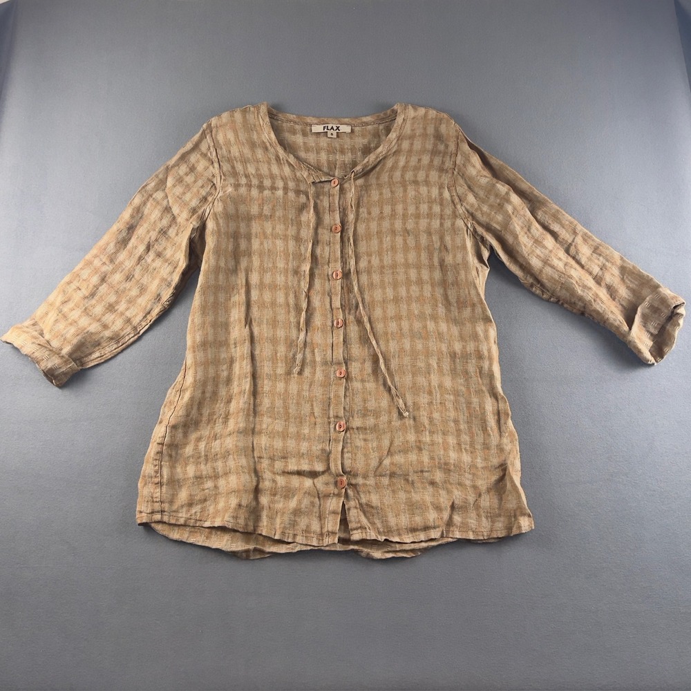 FLAX Women Tan Beige Checkered 100% Linen Button Down Tunic Top Small